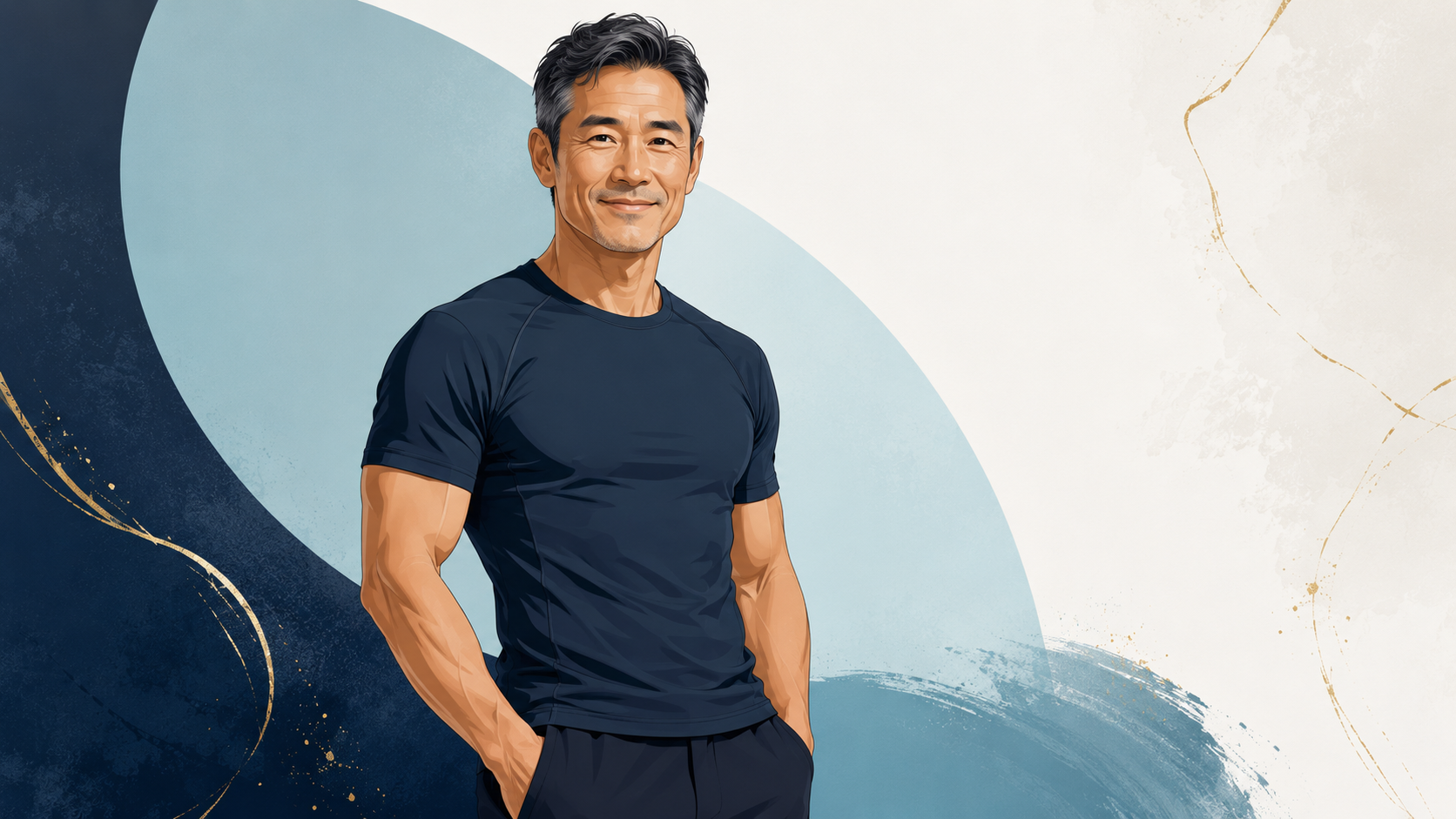 適度に引き締まった身体が魅力的に見えるという研究内容をイメージした50代男性の全身イラスト