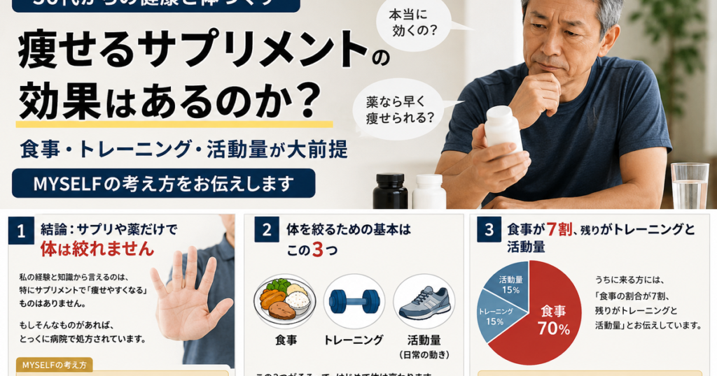 痩せるサプリメントの効果を考える50代男性と食事・運動・活動量のイメージ