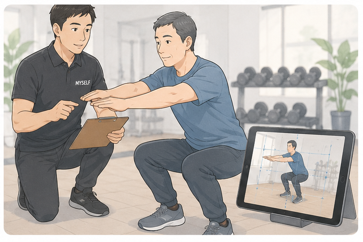 トレーナーが利用者のスクワット動作を確認し、個人に合う方法を検討するイラスト