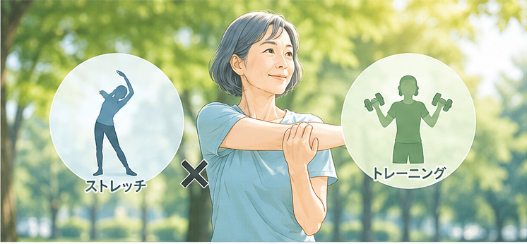 50代以上の人物がストレッチと筋力トレーニングの両方を検討しているイメージ